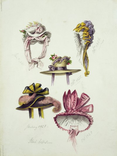 Designs for Regency Hats, 1828 (wc com lápis sobre papel) de English School