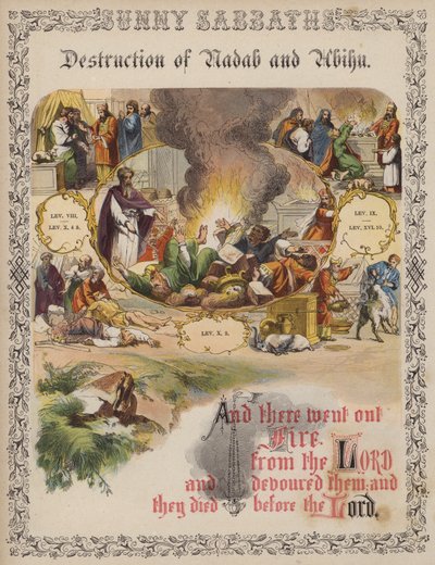Destruição de Nadab e Abihu (gravura colorida) de English School
