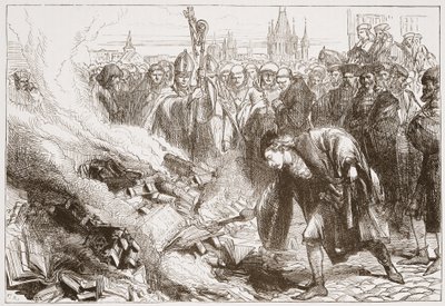 Destruição das obras de Wicliffe em Praga, ilustração da História do Protestantismo por James Aitken Wylie (1808-1890), pub. 1878 de English School
