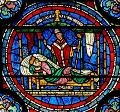 Detalhe da janela do milagre que descreve o rei Louis VII que está sendo dito por Thomas para ir a sua tumba de English School
