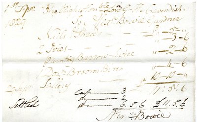 Devonshire MSS AS 3101, fólio de um maço de notas liquidadas por Pinder Simpson para Lord George Cavendish, incluindo a nota de Alexander Bowie de English School