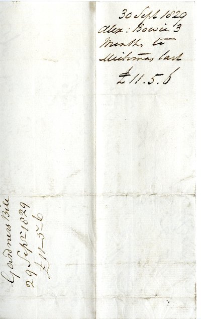Devonshire MSS AS 3101, fólio de um maço de notas liquidadas por Pinder Simpson para Lord George Cavendish, incluindo a nota de Alexander Bowie de English School