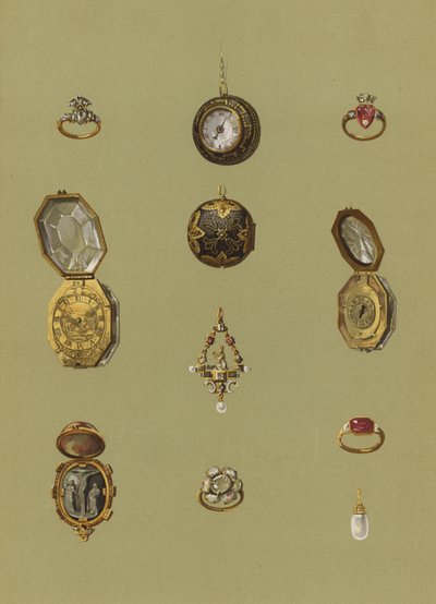 Anel de diamante, Relógio de ouro, Cameo Bloodstone, Relógio de ouro, Paciência de jóias, Anel de luto por opala de Maria Rainha da Escócia, Anel de ouro da princesa Elizabeth, Relógio de ouro de forma octogonal, Anel de ouro, Brinco de pérola de English School