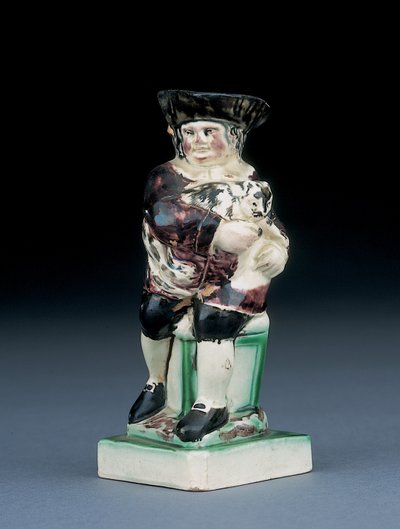 Jarro de Dick Whittington, moldado subindo de uma cadeira de espaldar alto, segurando seu gato, salpicado de roupas marrons, verdes e pretas, um escudo moldado ao lado, c.1790 de English School