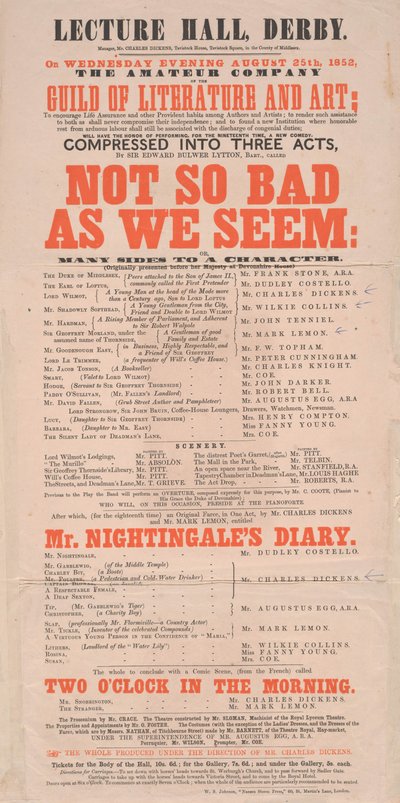Playbill Dickens: Não é tão ruim como nós parecemos no Lecture Hall, Derby, programa para 25 de agosto de 1852 de English School