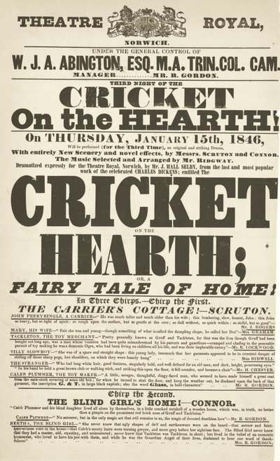 Dickens playbill: The Cricket no Hearth no Theatre Royal, Derby, 15 de janeiro de 1846 de English School