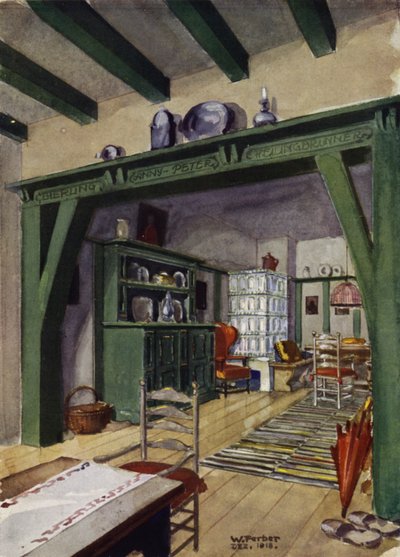 Sala de jantar e estar em uma casa de campo (lito a cores) de English School