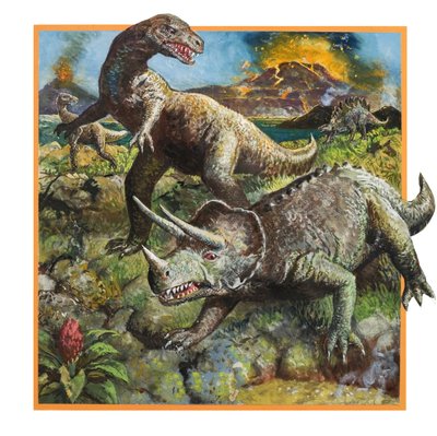 Dinossauros com vulcão (guache sobre papel) de English School