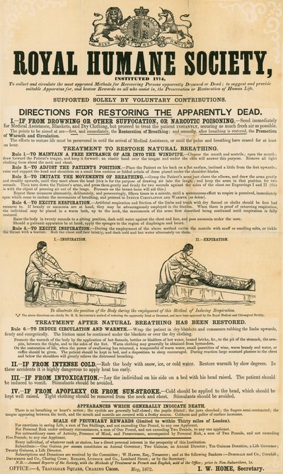 Instruções para restaurar os aparentemente mortos; emitido pela Royal Humane Society, maio de 1872 de English School