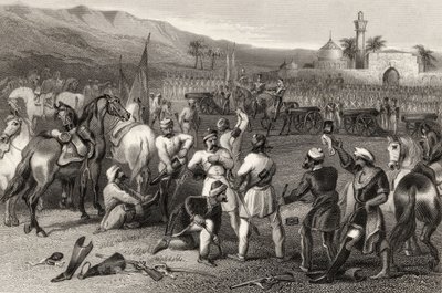 Desarmando a 11ª Cavalaria Irregular em Berhampore em 1857, de "A História do Motim Indiano", publicada em 1858 de English School