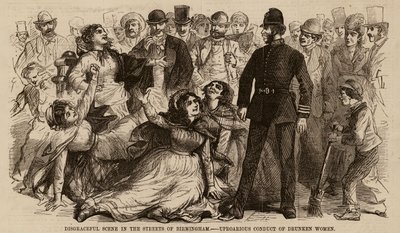 Cena vergonhosa nas ruas de Birmingham, conduta hedionda de mulheres embriagadas (gravura) de English School