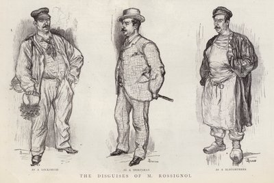 Disfarces utilizados pelo detective da polícia parisiense Gustave Rossignol (litho) de English School