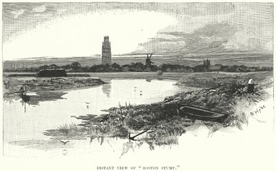 Vista distante de "Boston Stump" (gravura) de English School