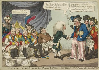 Doctor Boney_bringinging the Powers to Pot, ou John Bull e seus amigos bastante tímidos, pub. 1808 (gravura colorida à mão) de English School