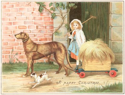 Cão puxando carrinho cheio de feno, cartão de Natal de English School