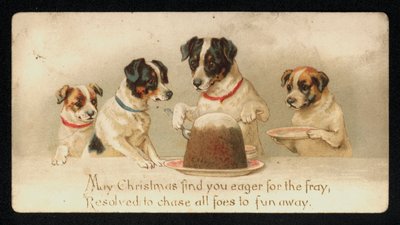 Cães a servir um pudim de Natal, cartão de felicitações. (chromolitho) de English School