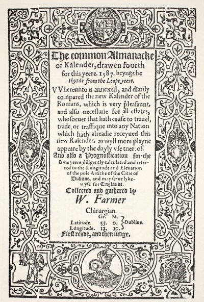 Double Almanack (comum e novo) e Prognostication for Dublin for 1587, por W. Farmer, impresso por Watkins e Roberts, 1587 de English School