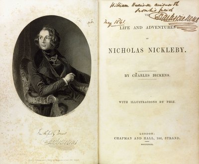 Página dupla espalhada com um retrato de Dickens e uma dedicatória de Dickens a William Harrison Ainsworth de English School