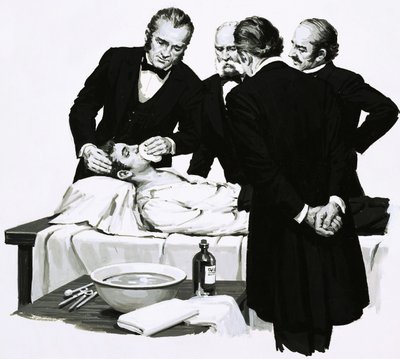 O Dr. Crawford Long deixa um aluno inconsciente antes de realizar uma operação de English School