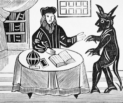 Dr. Faustus em Counsel with the Devil, de Gents tradução do Dr. Faustus por Christopher Marlowe (1564-93) 1648 de uma coleção de chapbooks sobre esoterica de English School