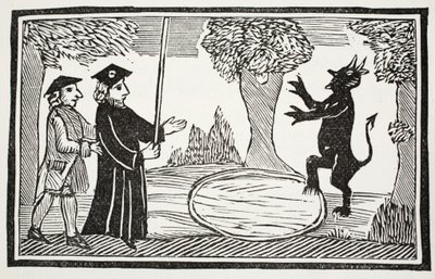 Dr. Fautus levanta o diabo, ilustração de Chap-livros do século XVIII por John Ashton, pub. 1882 de English School