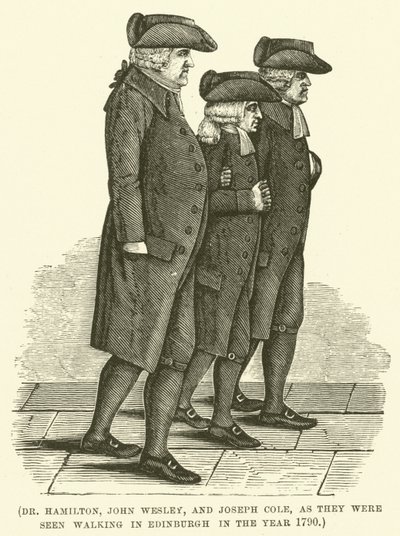 Dr. Hamilton, John Wesley e Joseph Cole, vistos a passear em Edimburgo no ano de 1790 (gravura) de English School