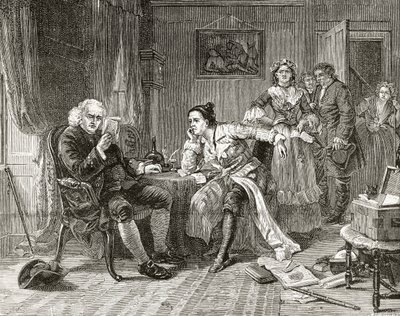 Dr. Samuel Johnson, lendo o manuscrito de &39;The Vicar of Wakefield&39;, de &39;London Pictures: Drawn with Pen and Pencil&39;, do Rev. Richard Lovett, publicado em 1890 (lito) de English School