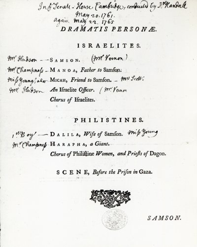 Dramatis Personae para Samson, um Oratório de Handel, publicado em 1759 de English School