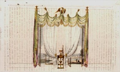 Cortina da Sala de Desenho e Mesa de Trabalho, placa 104 do Repositório de Artes da Ackermann, publicado de 1809-28 (cor litho) de English School