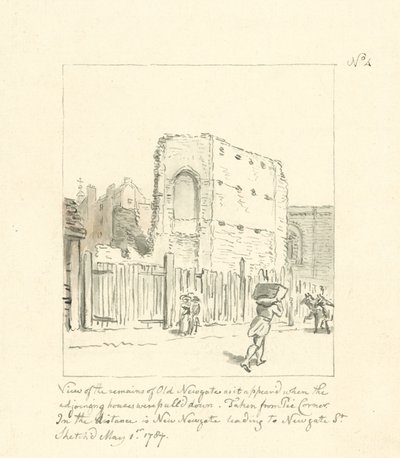 Desenho dos restos de Old Newgate (tinta sobre papel) de English School