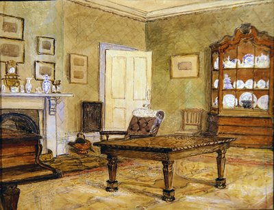 Interior da sala de desenho com colecção de porcelanas, c.1890 (aguarela sobre papel) de English School