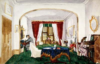 Interior da sala de desenho, mulher ao piano, homem de chapéu de coco, c.1850 (aguarela sobre papel) de English School