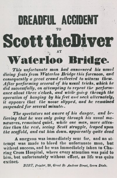 Dreadul acidente de Scott o mergulhador na ponte de Waterloo de English School