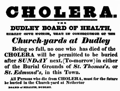 Cartaz do Conselho de Saúde de Dudley anunciando o procedimento de sepultamento para pessoas que morreram de cólera, c.1840 de English School