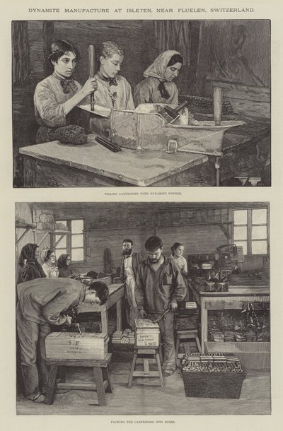 Fabricação de dinamite em Isleten, perto de Fluelen, Suíça (gravura) de English School
