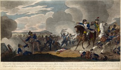 INGLÊS TRIUNFANTE. Napoleão tentando reunir a Guarda Imperial na batalha de Waterloo, c. 1815 (gravura) de English School