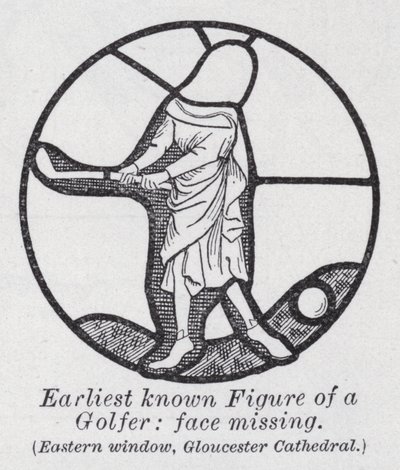 Primeira figura conhecida de um golfista, falta o rosto, janela oriental, Catedral de Gloucester (litho) de English School