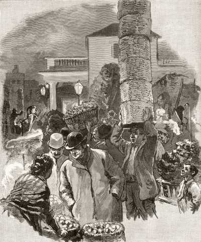 Manhã cedo em Covent Garden, de &39;London Pictures: desenhado com caneta e lápis&39;, pelo Rev. Richard Lovett, publicado em 1890 (lito) de English School
