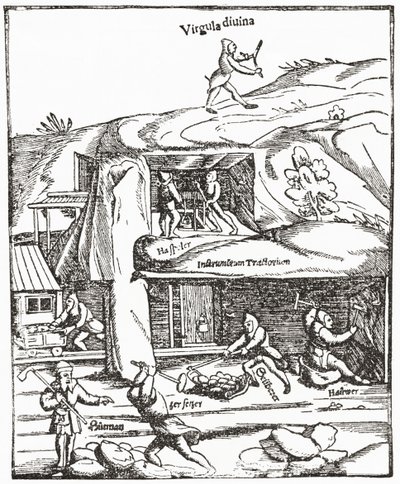 Representação antiga da vara de adivinhação, mostrando uma figura com uma vara de mergulho acima do solo à procura de água, carvão ou ouro e os mineiros abaixo do solo a trabalhar para encontrar carvão. Da revista The Strand Magazine publicada em 1897. de English School