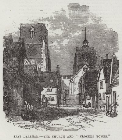 East Dereham, a Igreja e "Clocker Tower" (gravura) de English School