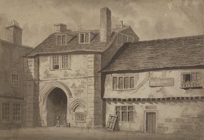 Vista leste da porta de entrada para a Abadia de São Salvador, Bermondsey, c.1825 (caneta, lápis e lavar no papel) de English School
