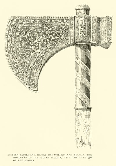 Machado de Batalha do Oriente, ricamente adamascado e portando o monograma do Sultão Saladino, com a data de 550 da Hégira de English School