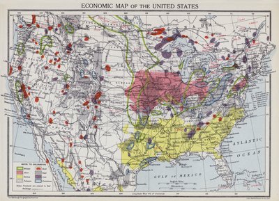 Mapa económico dos Estados Unidos (litografia a cores) de English School