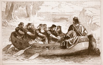 Edgar, o Pacífico, sendo remado pelo rio Dee por Oito Príncipes Tributários, ilustração da História Ilustrada de Cassells da Inglaterra (foto sépia) de English School