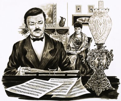 Edward Elgar no trabalho em sua sala de estar de English School