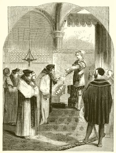 Edward VI apresentando o mandado de execução de Joan Bocher ao arcebispo Cranmer de English School