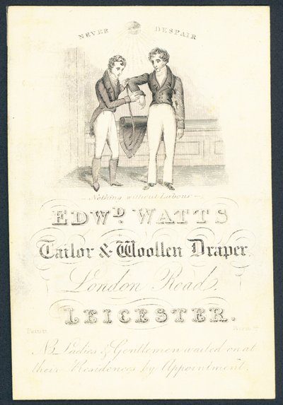 Edward Watts, alfaiate e lã draper, cartão de comércio de English School
