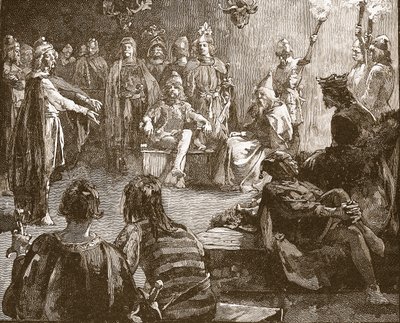 Edwin de Northumbria e missionários cristãos, ilustração da história ilustrada de Cassells da Inglaterra (foto sépia) de English School