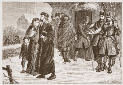 Ejetando um pastor protestante húngaro no tempo de inverno, ilustração da história do protestantismo por James Aitken Wylie (1808-1890), bar. 1878 de English School