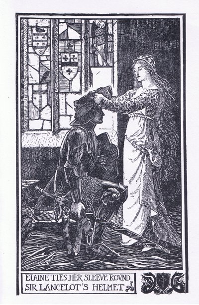 Elaine amarra a manga à volta do capacete de Sir Lancelot, ilustração do 